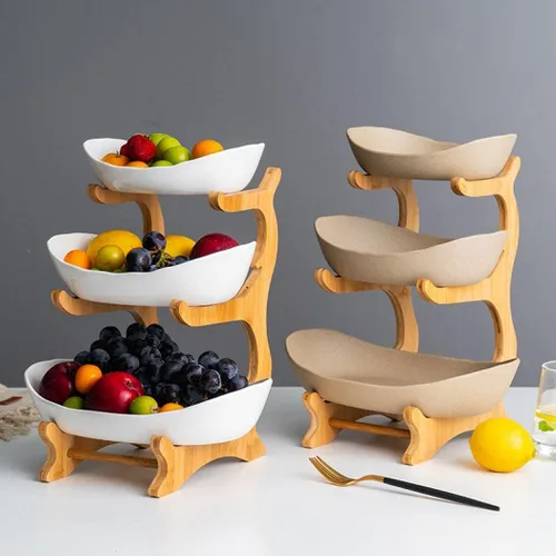 Miniatura 2 de jessie Cesta de frutas de 3 niveles, soporte de cerámica de gran capacidad, bandeja de bambú para servir frutas, aperitivos, nueces, pan, dulces