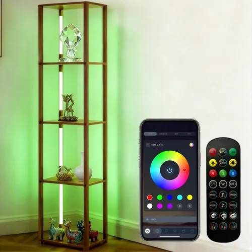 RGBCW - Lámpara de pie con estantes, lámpara de pie LED inteligente moderna con sincronización de música, lámpara de estante de esquina que cambia