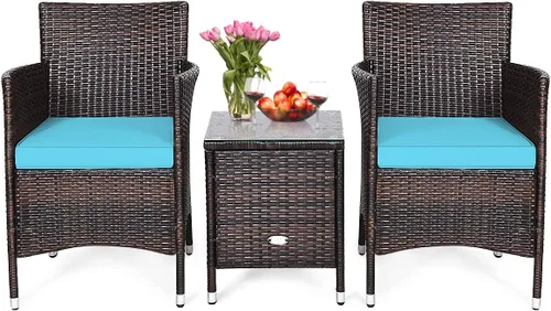 Miniatura 13 de RELAX4LIFE Juego de 3 muebles de patio con cojines extraíbles, juego de conversación de ratán al aire libre con mesa de centro cuadrada, juego de 3