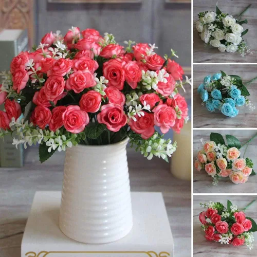 Miniatura 2 de Flor artificial de gama alta 5 tenedor 15 mini rosas decoración del hogar