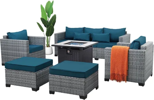 Lviden Juego de 6 muebles de mimbre para patio, juego de conversación al aire libre, sofá seccional de ratán de polietileno de alta densidad con