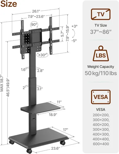 Miniatura 7 de Soporte de TV rodante con base de acero para televisores de 37 a 86 pulgadas hasta 50 kg, soporte móvil para TV con rotación, inclinación y giro