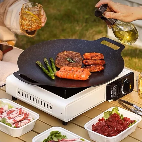 Miniatura 2 de Sartén para barbacoa, parrilla coreana de hierro fundido antiadherente, sartén redonda portátil con asas dobles para el hogar, cocina, camping