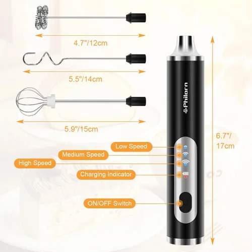 Miniatura 2 de Philorn Varita espumadora de leche recargable, mezclador de bebidas de café de mano, espumador de espuma con 3 cabezales y 3 velocidades