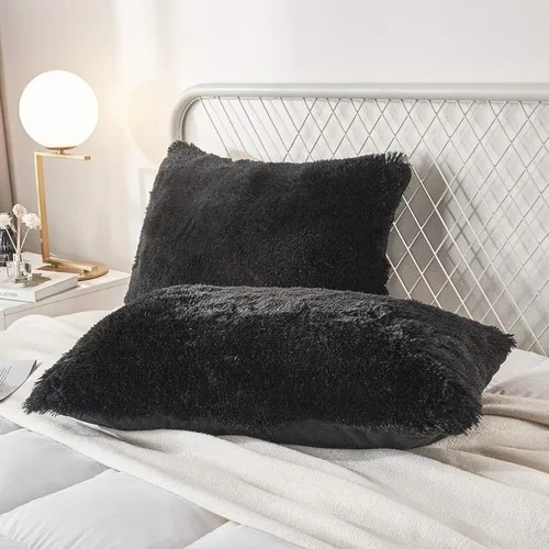 Miniatura 9 de Juego de 2 fundas de almohada estándar de piel sintética de terciopelo suave, fundas de almohada decorativas con cierre de cremallera
