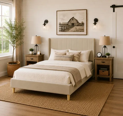 Miniatura 3 de Upholstered Bed Frame with Wingback Headboard and Wood Slats (Beige-Linen, Twin)
