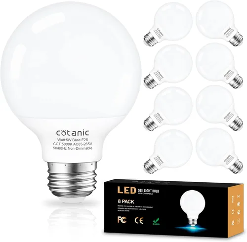 Miniatura 10 de Cotanic foco LED G25 para tocador 2700K blanco cálido, focos esféricos para espejo de baño 500LM, base E26 roscada 5W 60W equivalente a