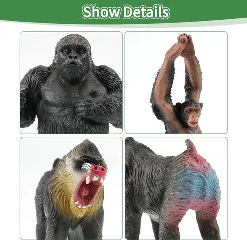 Miniatura 6 de Toymany 6 figuras de primates, juego de animales de mono de la selva de plástico, incluye mono, simio, chimpancé, gorila, juguetes para niños
