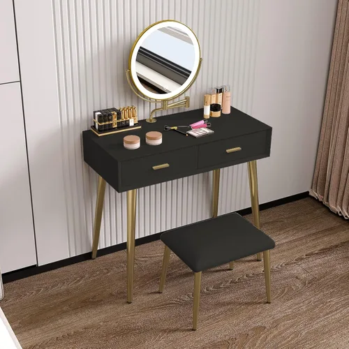 Miniatura 2 de Escritorio de tocador con espejo y luces, tocador de maquillaje con cajones y taburete, juego de tocador con superficie de cuero, mesa de tocador