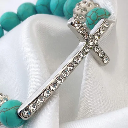 Miniatura 6 de Bocar Pulsera elástica de cuentas de cristal con cruz lateral chapada en metal