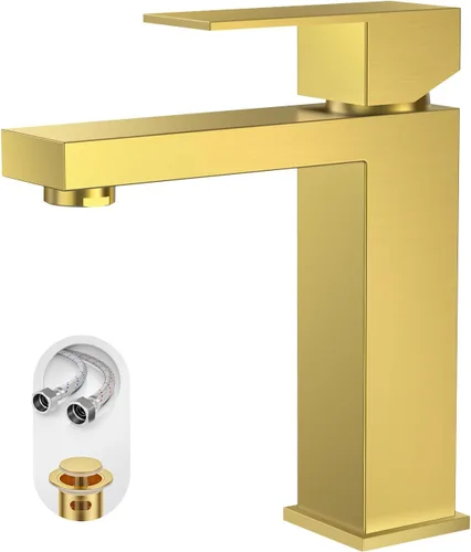 Phiestina Grifo de tocador de baño de una sola manija cuadrada de oro cepillado con drenaje desplegable de metal con placa de cubierta, línea de