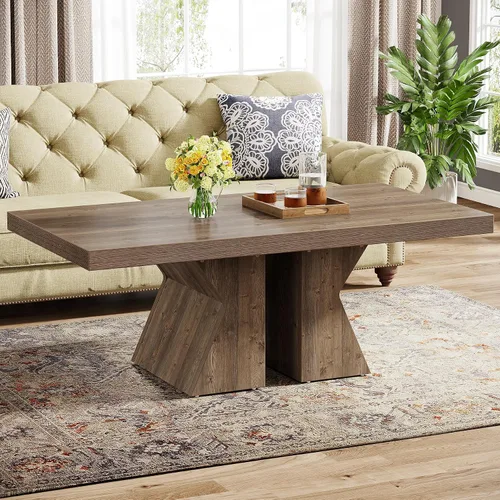 Miniatura 3 de Tribesigns Mesa de centro de madera, mesa central rectangular de 47 pulgadas con base de madera gruesa, mesa de cóctel con aspecto de madera