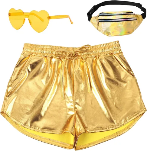 Pantalones cortos metálicos para mujer con cordón elástico, brillantes, cortos, brillantes, para fiesta de rave, con gafas de sol y riñonera metálica