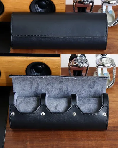 Miniatura 5 de Caja organizadora de relojes para hombre, rollo de viaje, portátil, 3 relojes, almacenamiento con secciones de terciopelo para sostener reloj grande