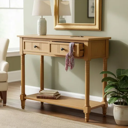 Miniatura 14 de P PURLOVE Mesa de consola Aparador Mesa de sofá de madera con 2 cajones y estante inferior (negro)