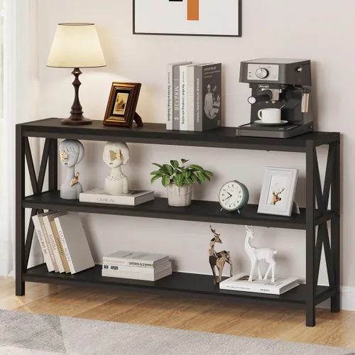 FATORRI Mesa consola para entrada, mesa de sofá larga con estantes debajo de la ventana, mesas de pasillo de madera y metal para vestíbulo (55 Negro
