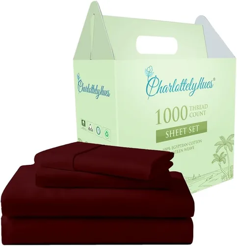 CharlottelyHues Juego de sábanas de 4 piezas 100% algodón egipcio de lujo, transpirable, suave, ajuste cómodo, acabado satinado, se adapta a Borgoña