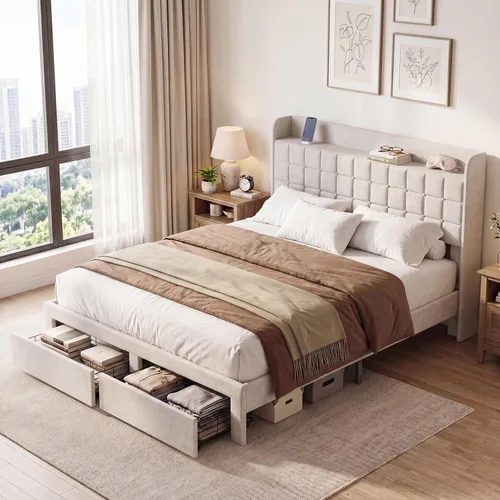 Miniatura 13 de DUMOS Base de cama tapizada de tamaño matrimonial, cama matrimonial con cajones de almacenamiento y cabecera de tela, soporte de listones de madera