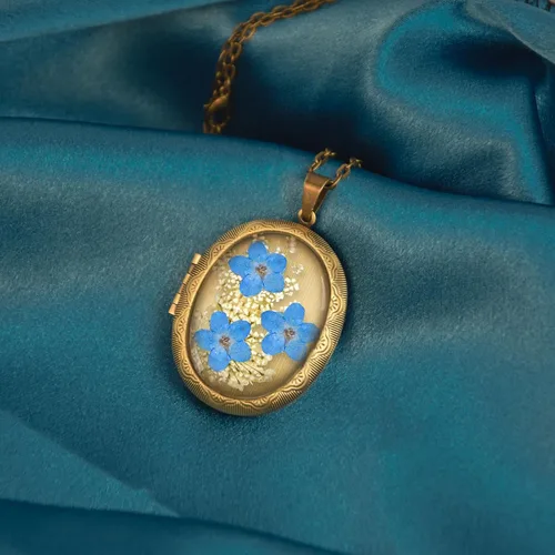 Miniatura 90 de Collar de flores silvestres prensadas con encaje de Forget-Me-Not y Queen Anne Collar de flores prensadas de oro Collares hechos a mano
