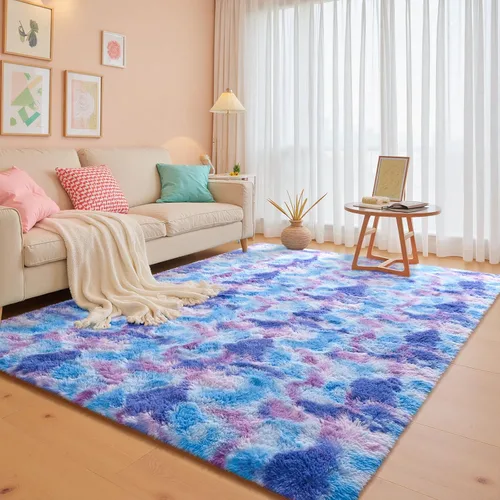 Miniatura 14 de JUNOVO - Alfombra de área lavable, antideslizante, alfombras ultra suaves de 4 x 5.3 pies, alfombras esponjosas para dormitorio, niños, niñas, Azul