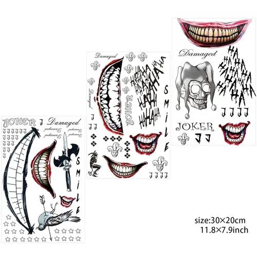 Miniatura 2 de Zeecdatoo 34 hojas de tatuajes temporales de Halloween, tatuajes de Joker para cosplay de Halloween, disfraces y accesorios de fiesta, tatuajes B