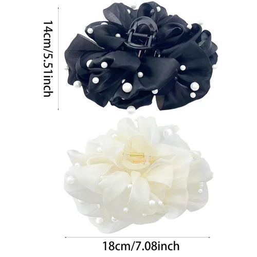 Miniatura 2 de Jaczora 2 pinzas para el pelo de seda de gasa, pinza grande de perlas con lazos, accesorios para el cabello para mujeres y niñas