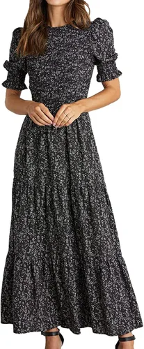 Miniatura 122 de BTFBM Vestidos para mujer, cuello redondo, casual, de verano, con volantes, manga corta, bohemio, con niveles, fruncido, largo, con estampado floral