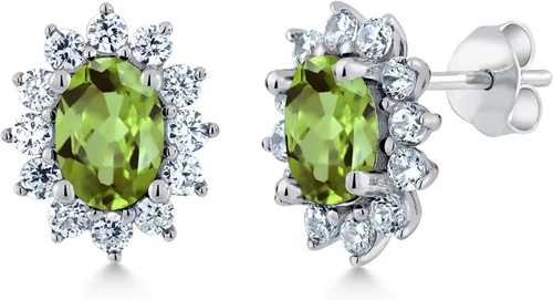 Miniatura 9 de Gem Stone King Aretes ovalados de plata de ley 925 de 0.276 x 0.197 in con piedra natal de la princesa Diana, estilo halo real para mujeres