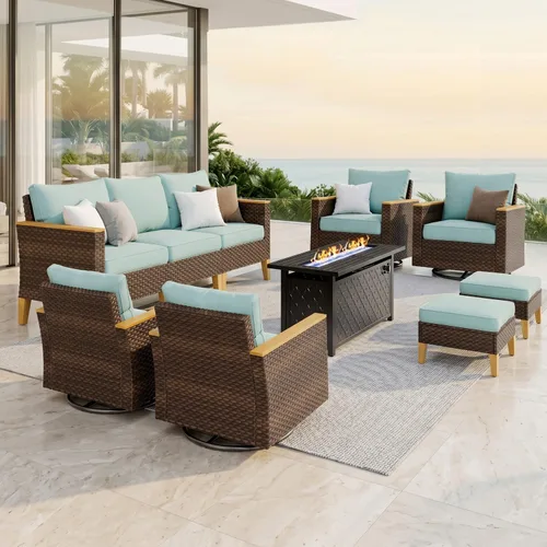 Miniatura 26 de PHI VILLA Otomana de mimbre para patio, 2 piezas, asiento otomano de mimbre para todo tipo de clima, reposapiés para exteriores con cojines