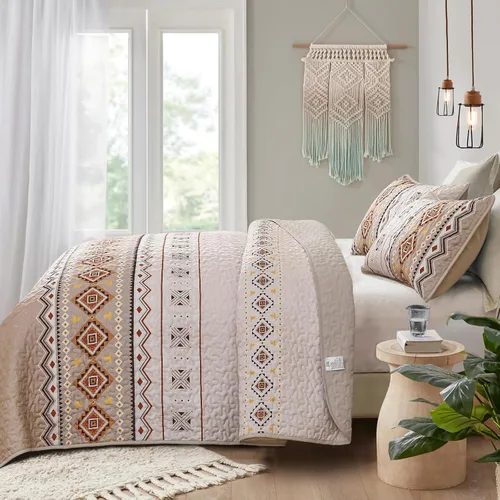 Miniatura 3 de WONGS BEDDING Juego de edredón bohemio de color beige, tamaño Queen, juego de colcha con estampado geométrico con 2 fundas de almohada, juego