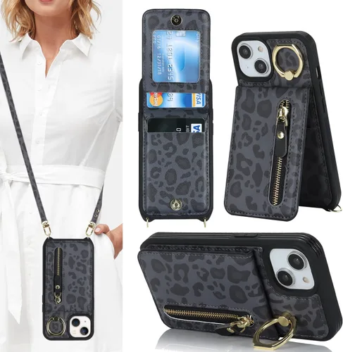 Funda para iPhone 13 mini con tarjetero y correa para mujer, bolsa cruzada con soporte de anillo con cremallera para Apple 13mini, leopardo negro