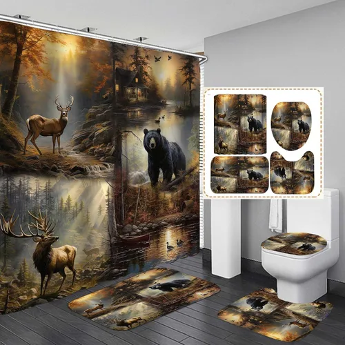 Miniatura 8 de Jayden Madge - Juego de 4 cortinas de ducha de granja verde salvia, búfalo marrón, retazos, bosque, montaña, ciervo, oso negro, estampado de patas