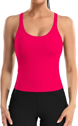 Miniatura 178 de ATTRACO Camiseta corta acanalada de entrenamiento para mujer con brasier integrado para yoga, espalda cruzada, ajuste ajustado