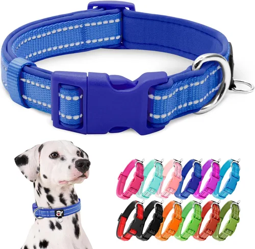 Miniatura 32 de azuza Collar reflectante para perro, de neopreno suave acolchado con anillo para etiqueta de identificación, ajustable para perros pequeños, azul