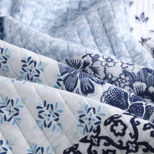 Miniatura 7 de ENASAL - Juego de colcha de algodón, juego de cubrecama reversible, lujoso diseño de retazos florales azul y blanco, colcha reversible, tamaño queen