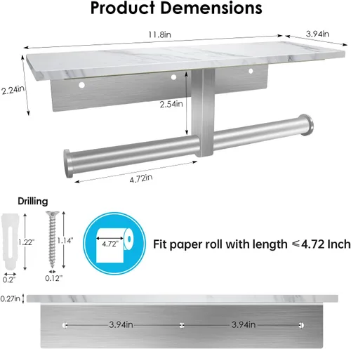 Miniatura 2 de Soporte de papel higiénico con estante, soporte de pared doble para papel higiénico y 2 ganchos adhesivos gratuitos para baño, baño, soporte
