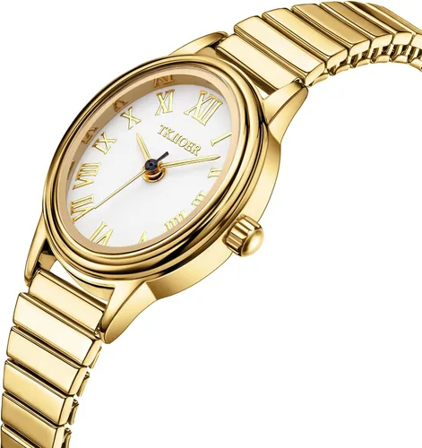 Miniatura 2 de Relojes pequeños de oro para mujer, reloj analógico de esfera fácil de leer, caja ovalada, banda de expansión de acero inoxidable, reloj impermeable
