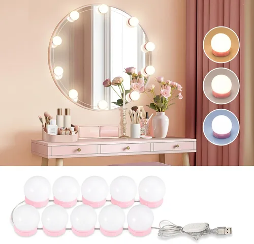 Consciot Luces LED para espejo de tocador, luz de tocador estilo Hollywood con 10 focos regulables, color y brillo ajustables, cable USB, luces para