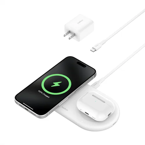 Miniatura 9 de Belkin Almohadilla de carga inalámbrica 2 en 1 con Qi2 de 15 W + puerto USB-C adicional - Cargador compatible con MagSafe, estación de carga