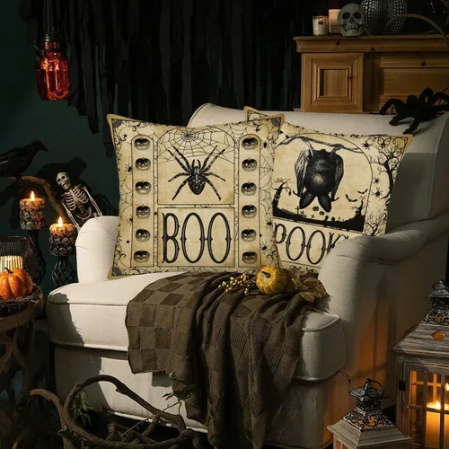 Miniatura 5 de Juego de 4 fundas de almohada de 16 x 16 pulgadas con texto en inglés «Happy Halloween» de Halloween con diseño de calabaza espeluznante y B Vintage