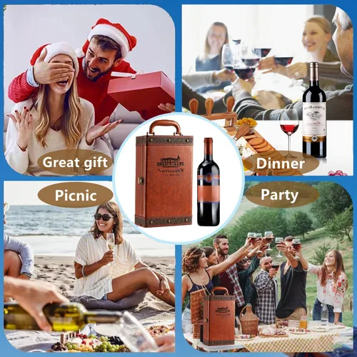 Miniatura 2 de Caja de regalo de vino con juego de 4 accesorios de vino, funda portátil para dos botellas de vino para Navidad, boda, aniversario, fiesta, caja