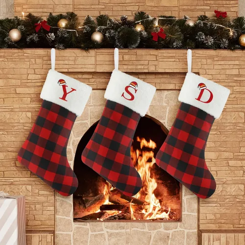 Miniatura 6 de Senneny - Medias de Navidad con iniciales, 20" grandes rojas y negras a cuadros de búfalo, monograma, medias de Navidad con puño de felpa blanca
