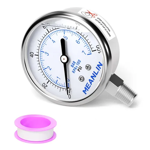 MEANLIN MEASURE Medidor de presión de acero inoxidable relleno de líquido de 0 ~ 100 psi con junta de acero inoxidable 316, esfera de cara NPT de