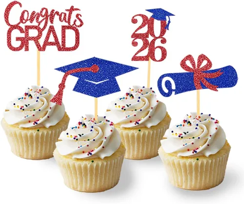 Miniatura 12 de 24 adornos de graduación para cupcakes, decoraciones de graduación negras y azules para la clase de 2026 (negro y azul)
