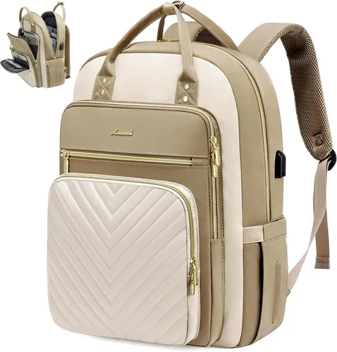 LOVEVOOK Mochila para laptop para mujer, mochila de trabajo de moda con puerto USB, mochilas impermeables para el trabajo., Caqui-beige, 15,6 pulg.,