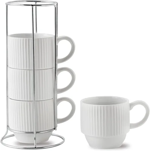 Miniatura 25 de Hasense Juego de tazas de café, juego de 4 tazas de té apilables con soporte - Juego de tazas grandes de cerámica acanaladas de 15 onzas para latte