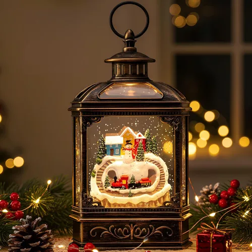 Miniatura 12 de Globo de nieve de Navidad con agua brillante de muñeco de nieve con música y temporizador, linterna iluminada con pilas para regalos de decoración