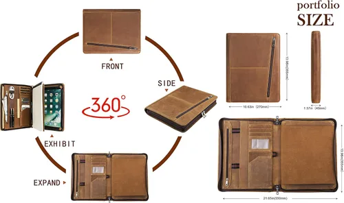Miniatura 3 de AZXCG Portafolio organizador de cuero para hombres, folio profesional con soporte para bloc de notas A4/Legal, cartera con cremallera