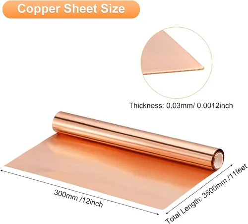 Miniatura 2 de uxcell Rollo de lámina de cobre 3500mm x 300mm x 0,03mm, 99,9% cobre puro, tira de cobre, chapa de metal, lámina de cobre para electricidad