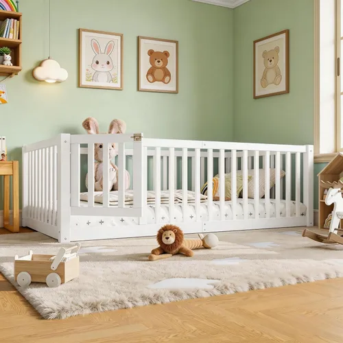 Miniatura 12 de Bellemave Cama de suelo Queen para niños, marco de cama Montessori con barandillas y puerta en forma de valla, cama Queen de madera para niños, Gris